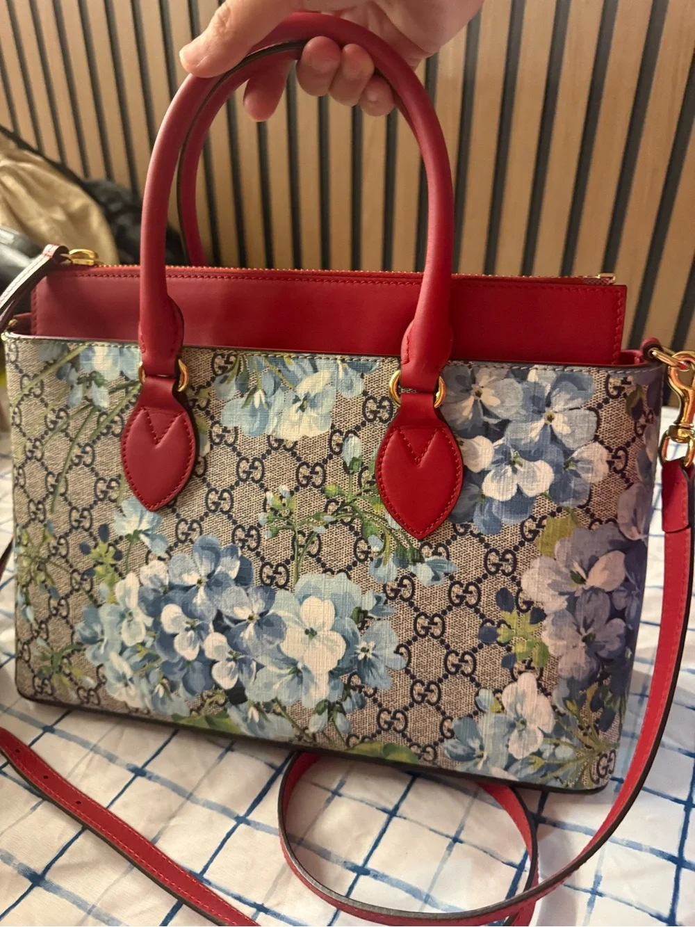 Gucci Floral GG Supreme Satchel with Red Leather Trim